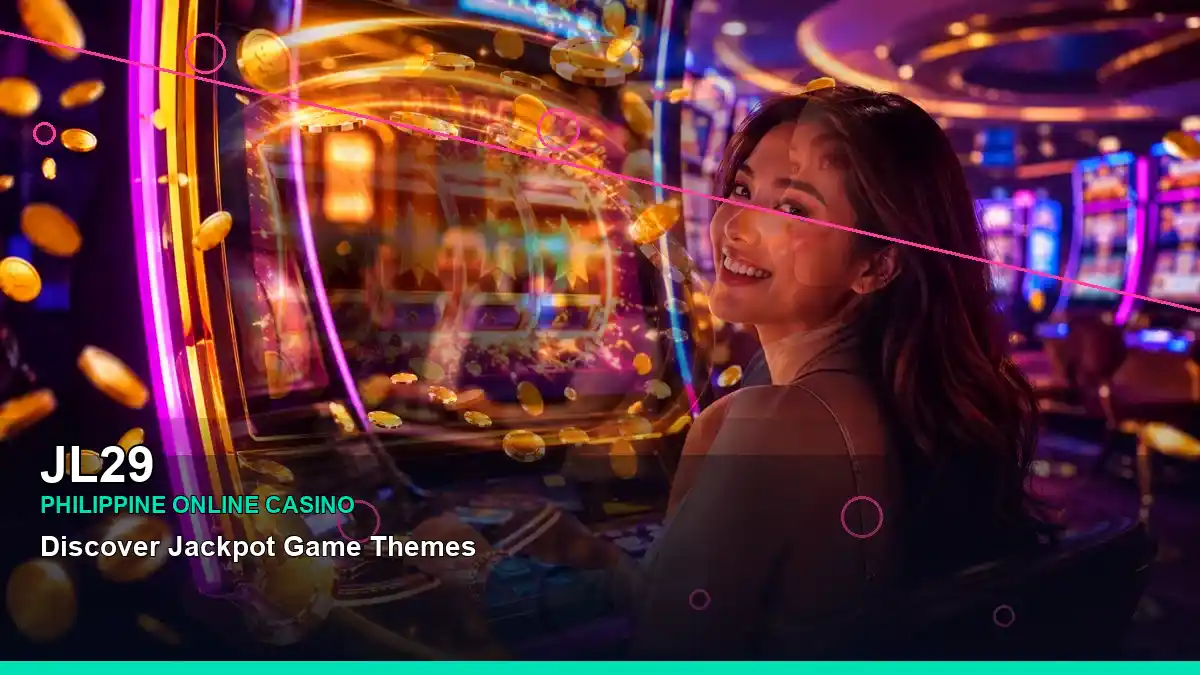 JL29 neon jackpot slot games featuring an adult Filipina casino host with a layered collage composition — view 2